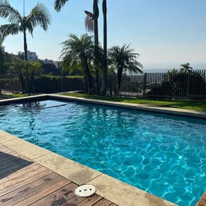 beautiful crystal clear water of a pool with palm trees in the background in california